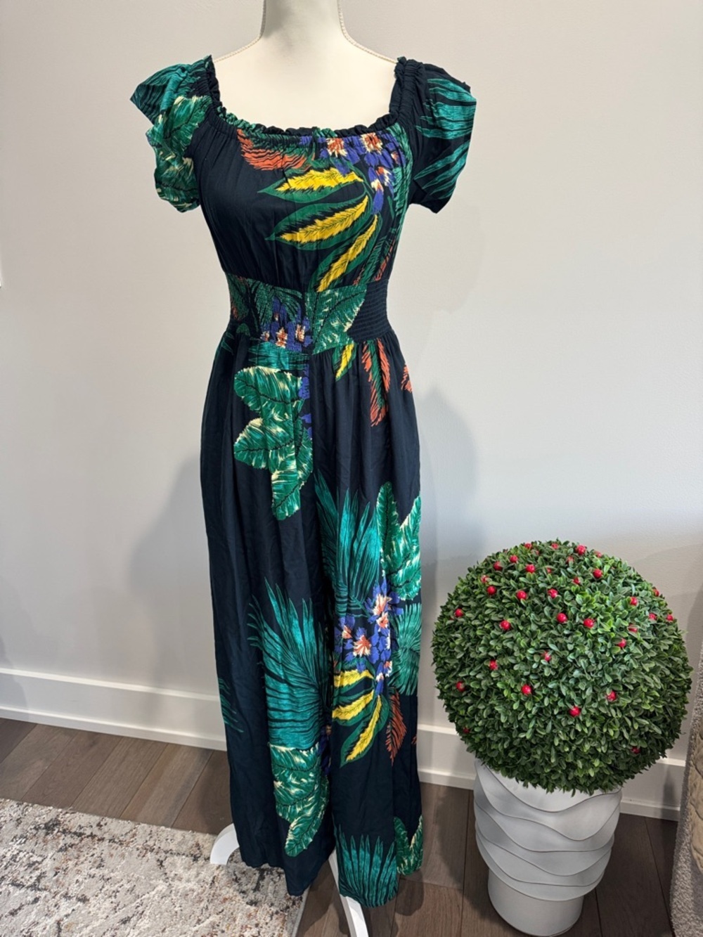 Patrons of Peace Tropical Black Jumpsuit with Green Leaf Print Sz S